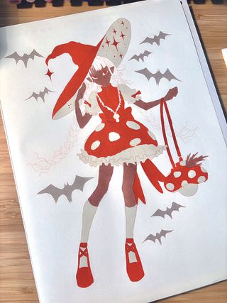 Vibrant character art; drawing of a girl in a red dress and hat