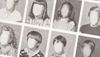 A line of black and white school photos with the faces blank
