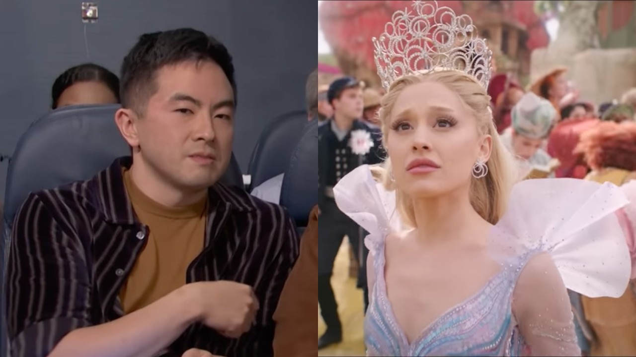 Side by side of Bowen Yang on SNL and Ariana Grande in Wicked: For Good.