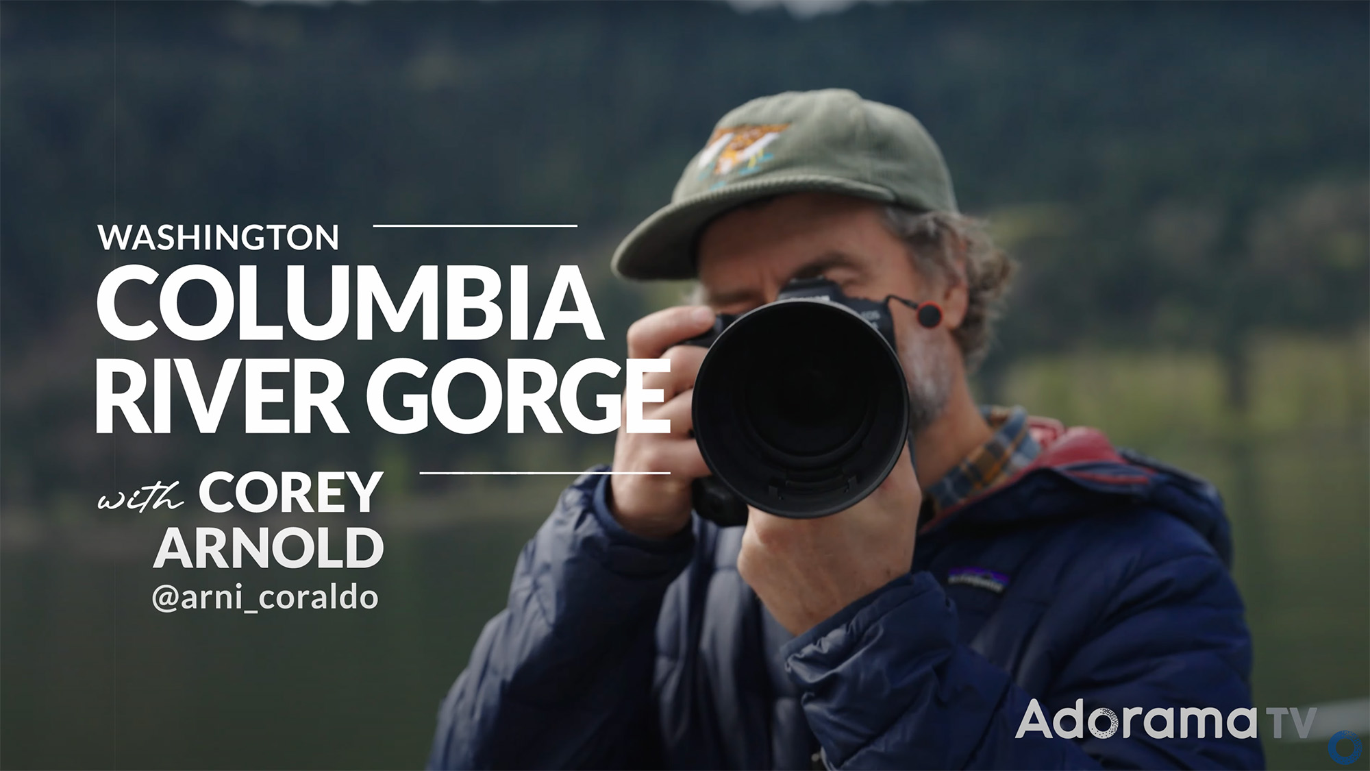 Photographer Corey Arnold looking through viewfinder of camera next to white text 