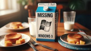 A breakfast table with a milk carton missing placard showing Microsoft Windows 9
