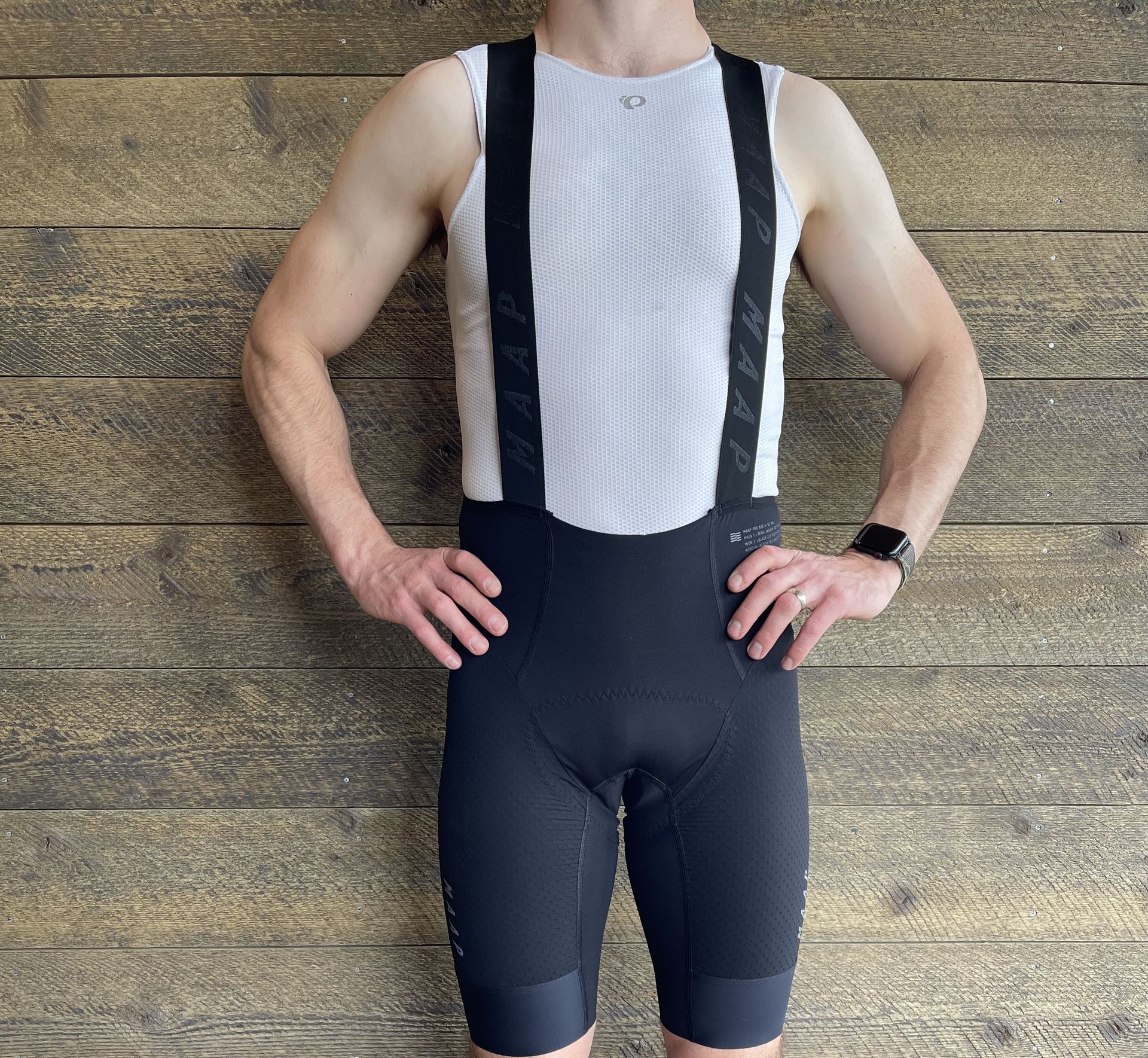 Model wears MAAP Pro 2.0 Bib Shorts