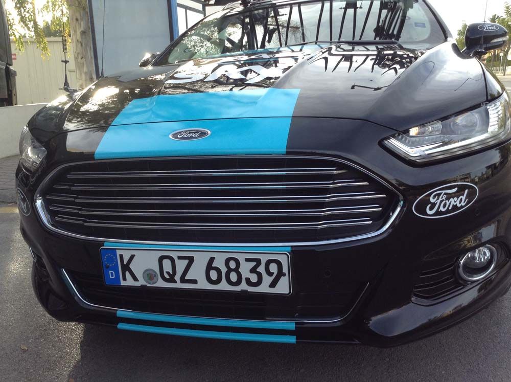 A close up detail of the front of the Team Sky Ford team car