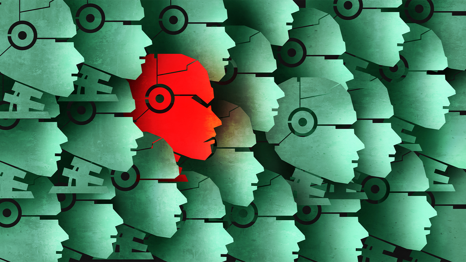 Green-colored robot heads lined up with a single red-colored robot head in the middle.
