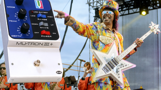 Bootsy Collins pointing at a Mu-Tron III pedal