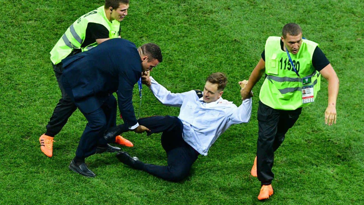 Pyotr Verzilov during a pitch invasion at the World Cup final in Moscow in July