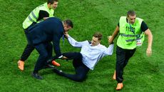 Pyotr Verzilov during a pitch invasion at the World Cup final in Moscow in July
