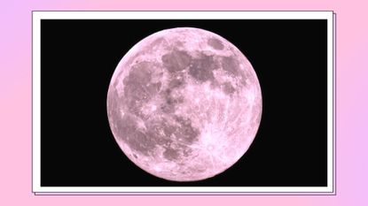 A picture of the a pink full moon against a black backdrop and in a pink and purple rectangle template