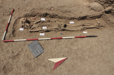 This medieval man's skeleton, bearing marks of stab wounds, was found facedown in a shallow pit in Sicily.