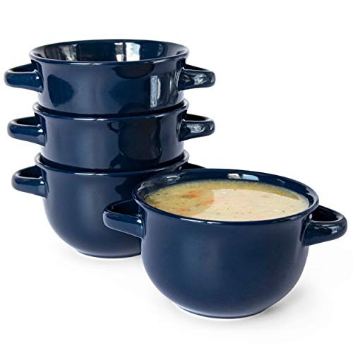 Kook French Onion Soup Bowls, Crocks, Oven Safe Bowls, Soup Mugs, Ceramic Bowls, Dishwasher, Microwave, Set of 4, 18 Oz (blue)
