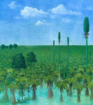 Painting of Permian Forest. An artist's painting of a tropical forest before it was preserved in volcanic ash 300 million years ago in what is now Inner Mongolia. 