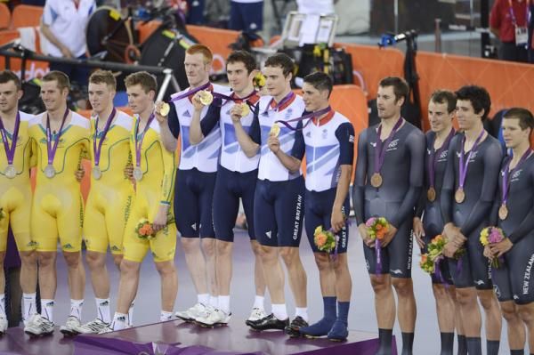 The podium for the men's team pursuit