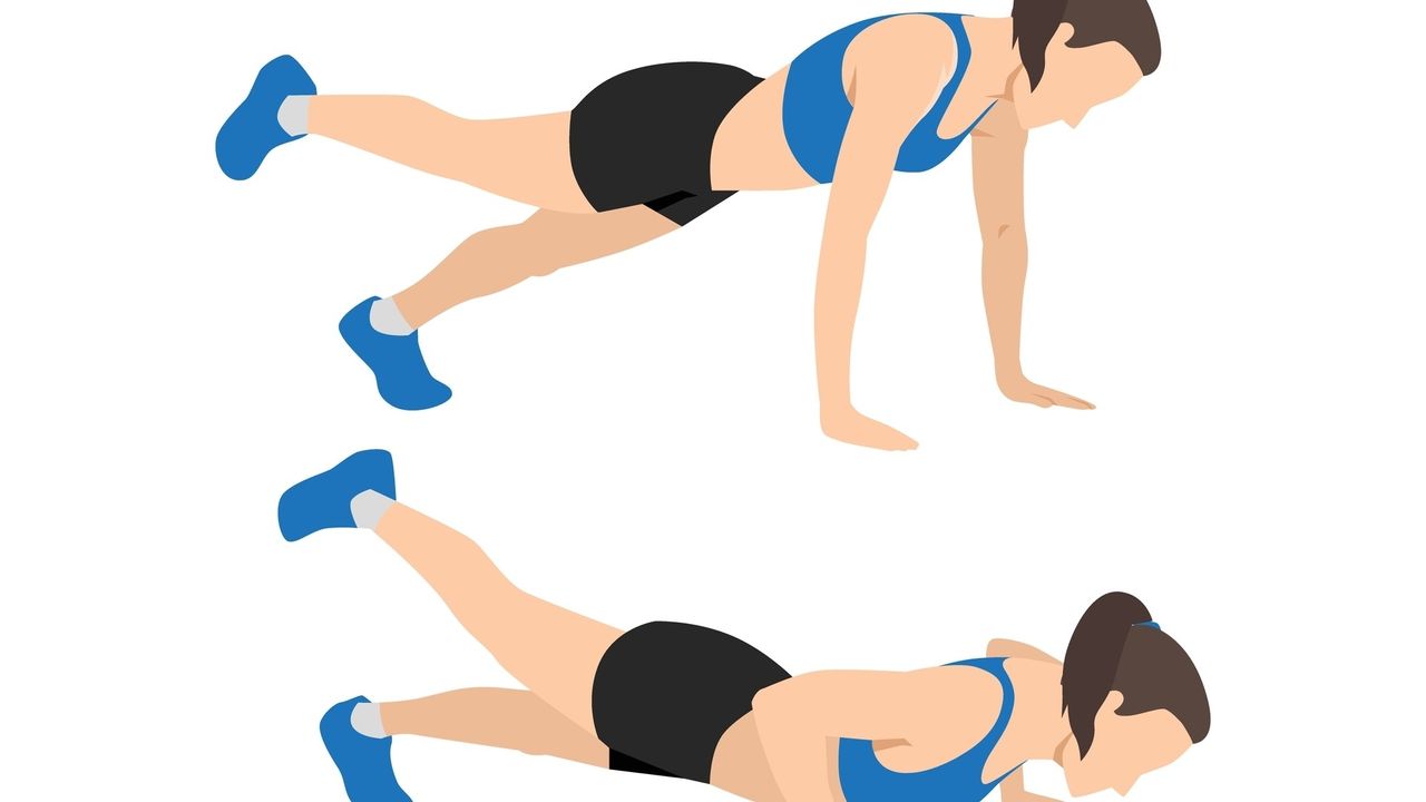 Vector of woman performing a single-leg push-up in two stages against white background