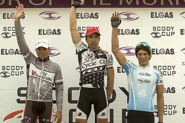 The stage five podium (L-R): Jonathan Cantwell (Fly V Australia), 2nd, Charles Howlett (Cycle City), 1st and Alex Carver (NSWIS), 3rd.