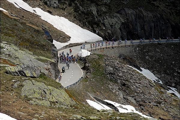 The riders going up the 2479-metre Col du Nufenen.