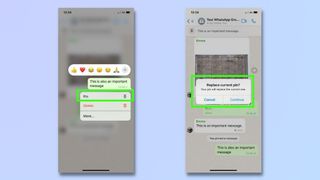 screenshot showing how to pin whatsapp chats on an iphone - pinning a new message