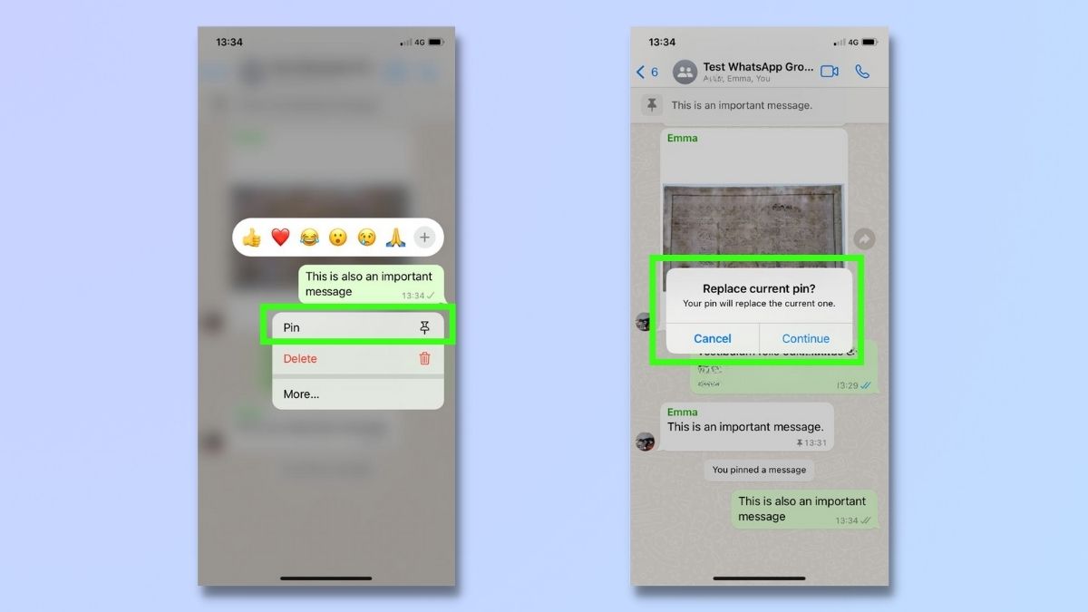 снимок экрана, показывающий, как закрепить чаты WhatsApp на iPhone — закрепление нового сообщения