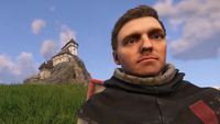 Henry with a castle in the background