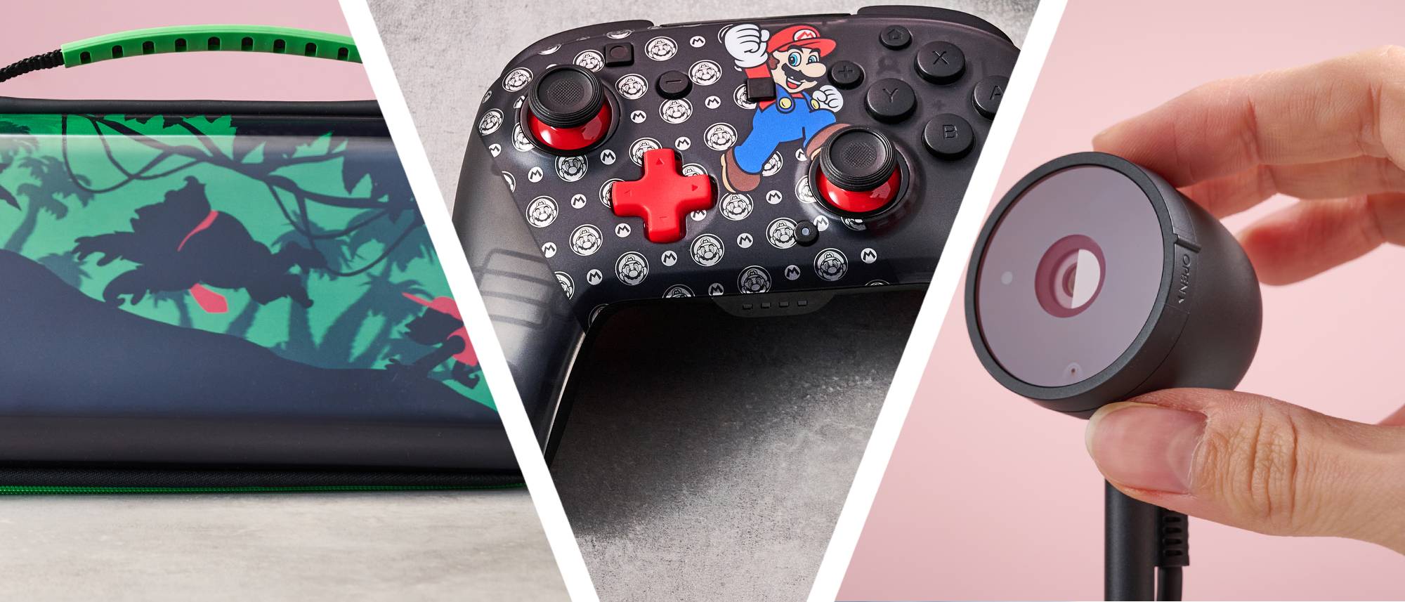 Turtle Beach PlayTrek Travel Case for Nintendo Switch 2, Turtle Beach Rematch Wireless Controller, and Nintendo Switch 2 camera alongside one another