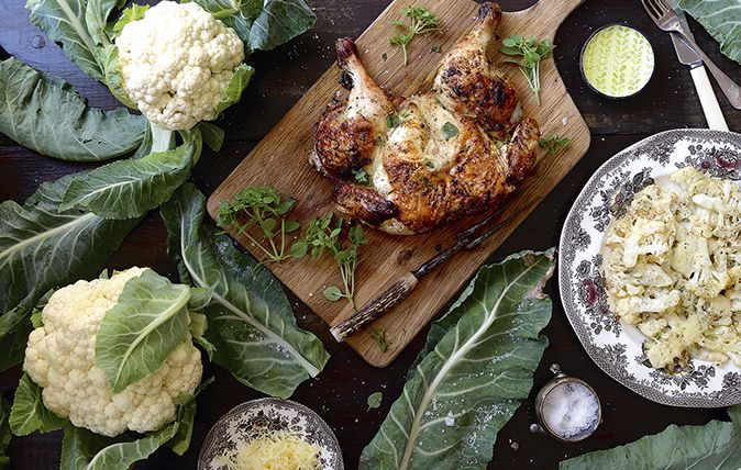 chicken with garlic and Parmesan cauliflower steaks