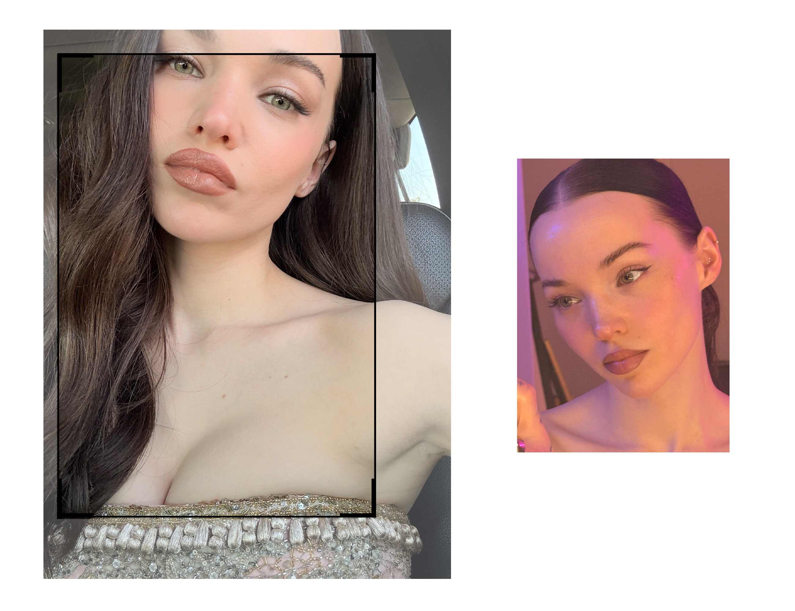 Selfies of Dove Cameron side by side.