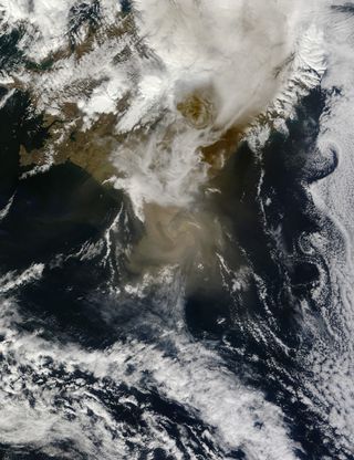 A wider view of the of the Grimsvotn volcano eruption in Iceland is featured in this non-annotated image from the MODIS instrument on NASA's Terra satellite captured this natural-color image on May 22, 2011 at 13:00 UTC (1:00 p.m. local time).