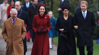 Prince Charles, Prince of Wales, Prince William, Duke of Cambridge, Catherine, Duchess of Cambridge, Meghan, Duchess of Sussex and Prince Harry, Duke of Sussex arrive to attend Christmas Day Church service at Church of St Mary Magdalene on the Sandringham estate on December 25, 2018 in King's Lynn, England.