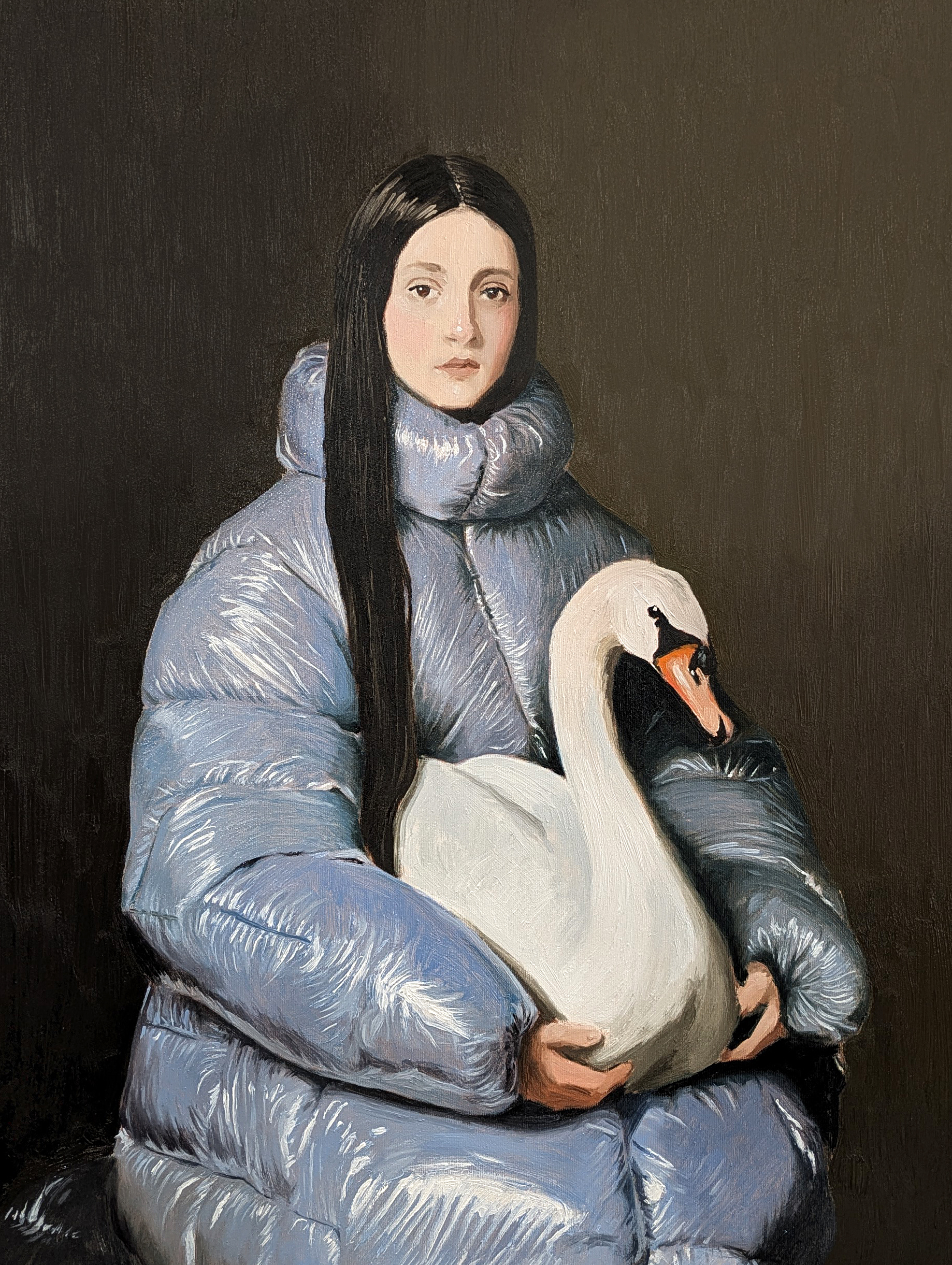 A painted portrait of a person in a quilted coat seated against a dark background by Nieves González