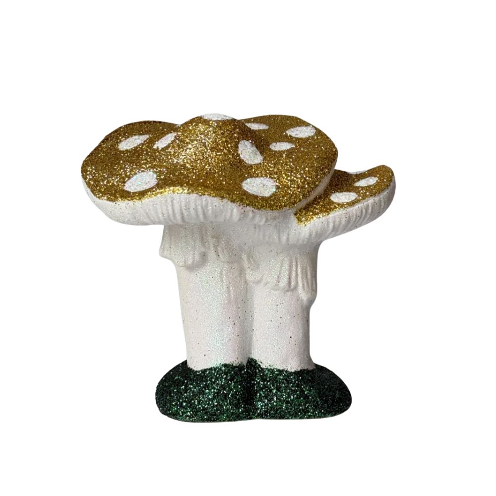 Gold and white glittery mushroom decoration