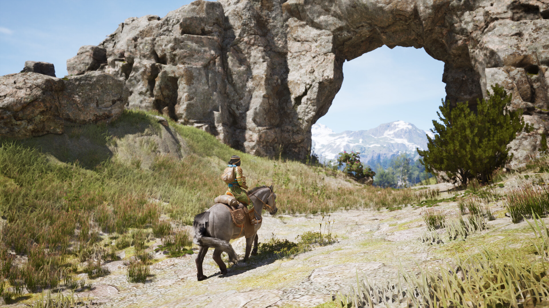 A rider in Windstorm: The Legend of Khiimori trots through a sun-baked canyon.
