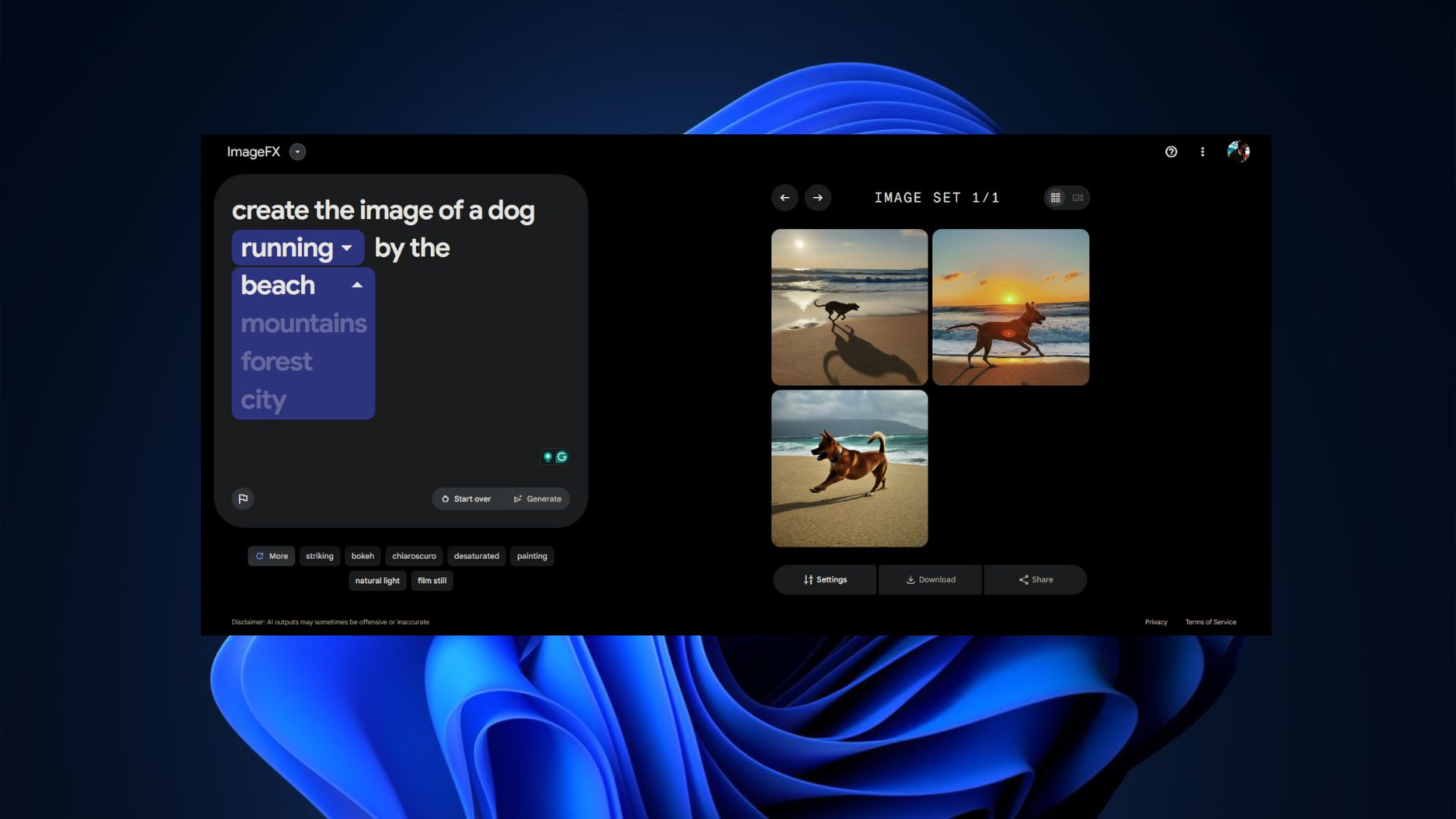 Generating AI images using Google's experimental ImageFX tool
