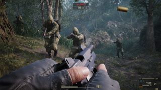 Snake shooting a tranq gun in first-person with soldiers approaching him in a Russian jungle