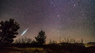 A single bright meteor from the Geminid meteor shower of December 2017, dropping toward the horizon in Ursa Major. Gemini itself and the radiant of the shower is at top centre. Leo is just rising at bottom centre. Procyon is at upper right.