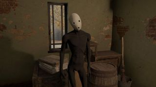 A character in a strange white mask standing in front of a window in Pathologic 2