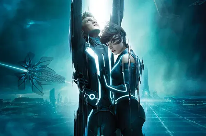 Two characters from the film Tron Legacy on sci-fi backdrop