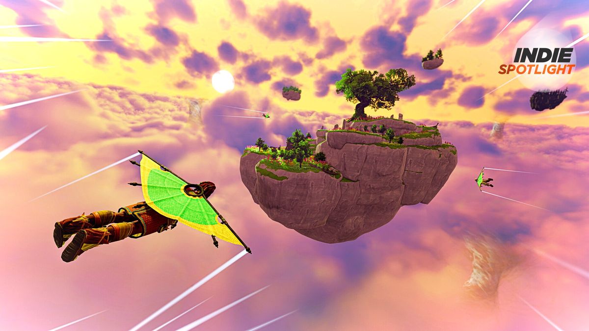 Aloft screenshot of the player-character paragliding across a pink sky towards a floating island above the clouds