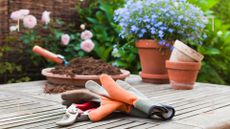 Garden table with a tray of soil terracotta plant pots gloves and secateurs