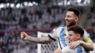 Who are the BBC commentators for Argentina vs France at World Cup 2022?: Lionel Messi celebrates after scoring for Argentina against Australia at World Cup 2022.