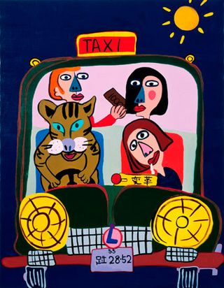 A sketch of a Taxi with a driver (a tiger) and 3 passengers (one in front and 2 at the back.