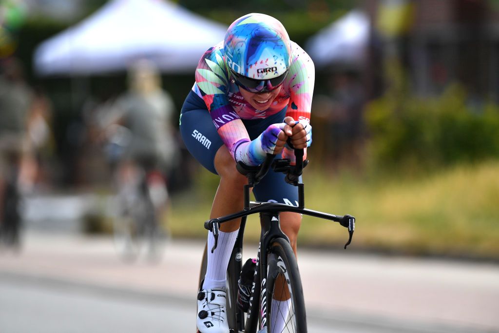 GAVERE BELGIUM JUNE 23 Shari Bossuyt of Belgium sprints during the 123rd Belgian Road Championship 2022 Womens Individual Time Trial a 23km individual time trial one day race from Gavere to Gavere ITT BelgianCycling140 on June 23 2022 in Gavere Belgium Photo by Luc ClaessenGetty Images