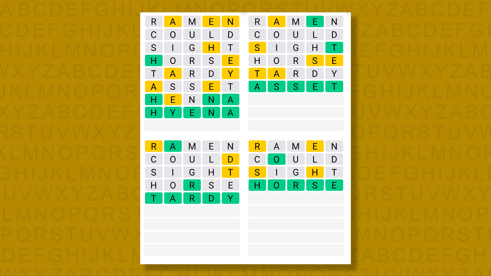 Quordle answers for game 1420 on a yellow background