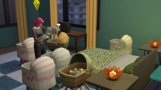 The Sims 4 - a parent sim holds a baby while several other baby bassinets sit nearby