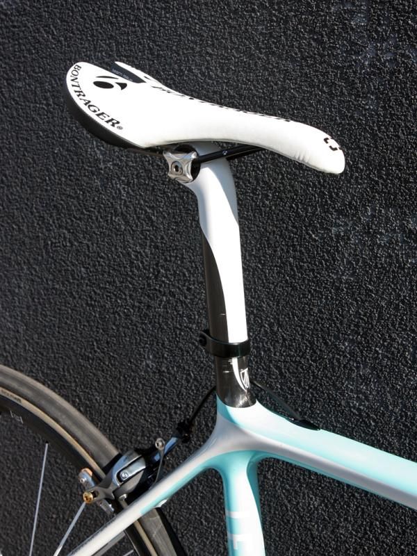 Fabian Cancellara (Leopard Trek) rides a smaller frame size than would most consumers of his height so a tall seatmast cap is required to achieve his desired saddle height.