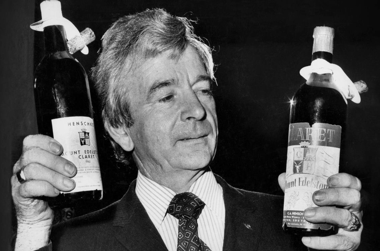 Cyril Henschke withj Mount Edelstone single-vineyard bottles