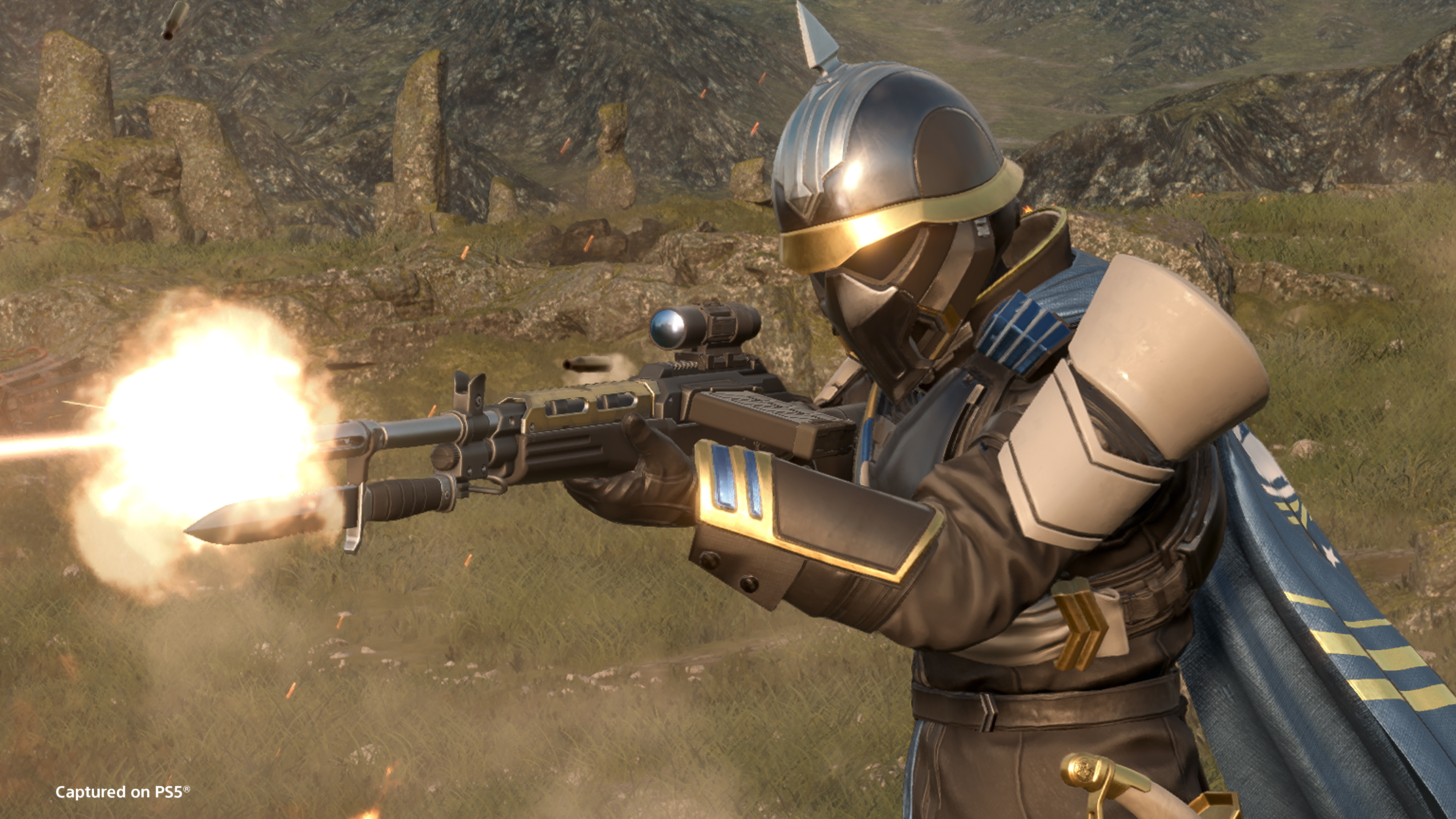 Helldivers 2 Masters of Ceremony Warbond helldiver firing marksman rifle with attached bayonet