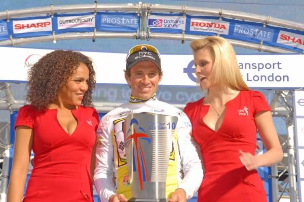 Michael Albasini receives his Tour of Britain trophy.