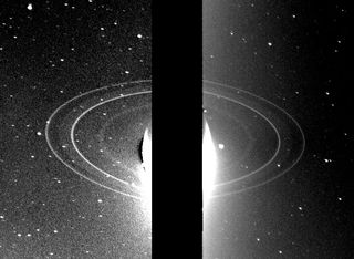Neptune's rings are faint and dark. They are seen clearly here only with Neptune blotted out of the picture.