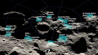 NASA and other countries, including Russia and China, are viewing encampments at the moon’s south pole. Shown here is a rendering of 13 candidate landing regions for NASA’s Artemis III mission.