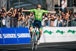 Matej Mohorič of Slovenia celebrates winning the 2023 UCI Gravel World Championships