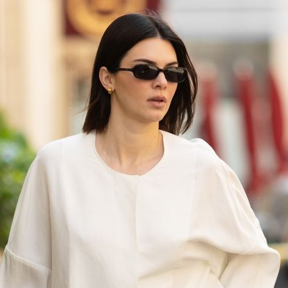 Kendall Jenner wears the collarless jacket trend in Paris